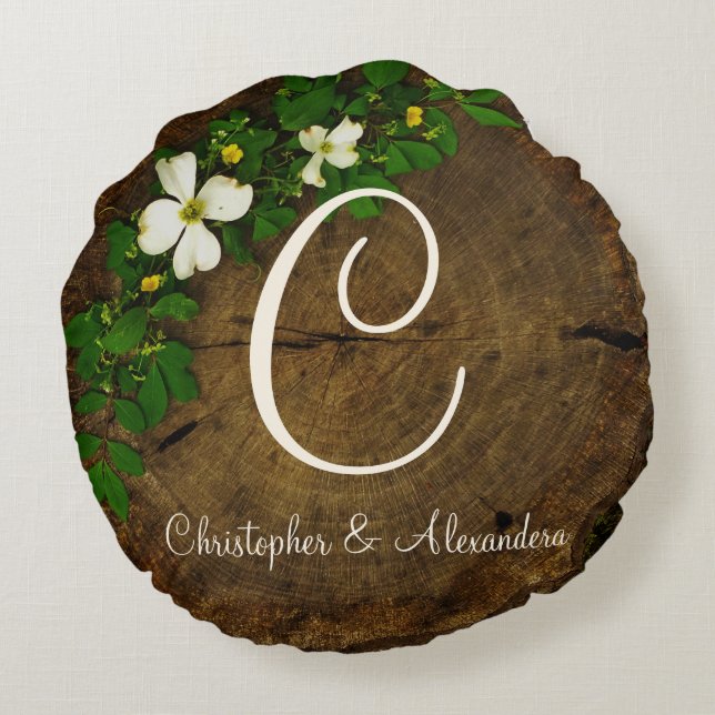 Coussins Ronds Monogramme sur fleurs de bois de chien sur le cerc (Dos)