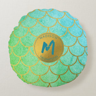 Coussins Ronds Monogramme Turquoise Motif de Parties scintillant 