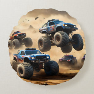 Coussins Ronds Monster Trucks Courant Dans Le Désert,