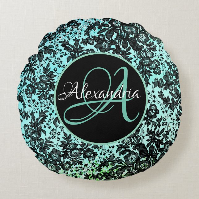 Coussins Ronds Moody Dark Floral sur Monogramme Turquoise (Devant)