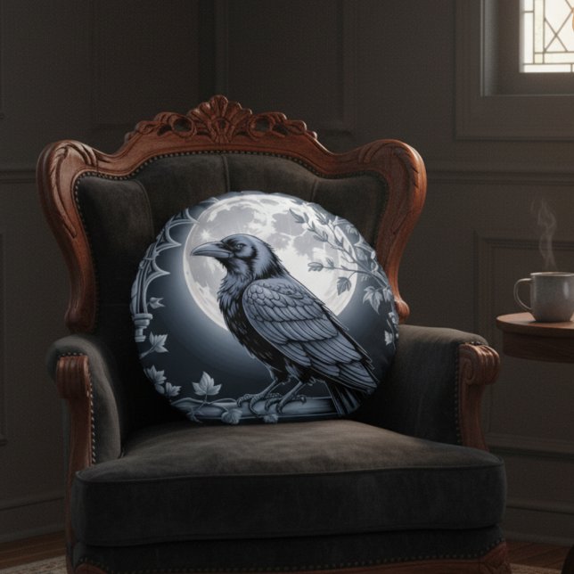Coussins Ronds Moonlight Raven Goth Throw Pillow (Black raven throw pillow)