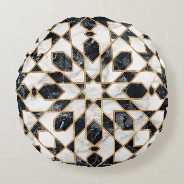 Coussins Ronds Mosaïque marocaine noire et Marbre blanc (Devant)