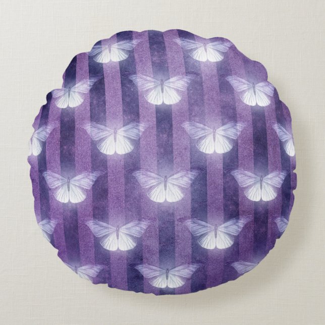Coussins Ronds Moth blanc violet rayé motif mystique (Devant)