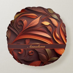 Coussins Ronds Motif 3D de feuilles et de volutes en couleur cuiv