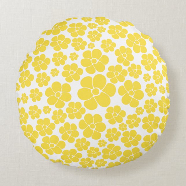 Coussins Ronds Motif à fleurs - Citron jaune et blanc (Devant)