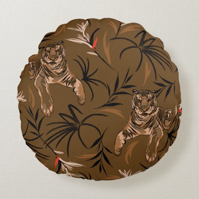 Coussins Ronds Motif à fleurs de paradis de tigres tropicaux (Devant)