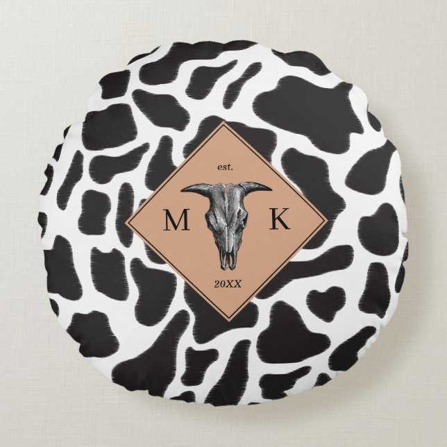 Coussins Ronds Motif animal noir et blanc Vache tache Monogramme (Devant)