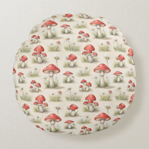 Coussins Ronds Motif aquarelle de champignon rouge fantaisiste et