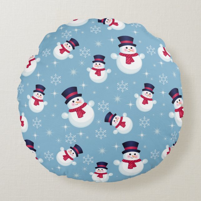 Coussins Ronds Motif bleu de Noël avec des bonhommes de neige et (Devant)