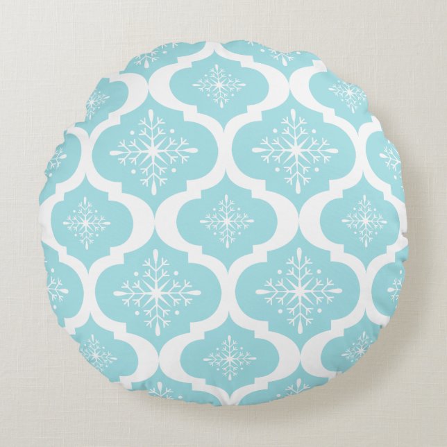 Coussins Ronds Motif bleu de trellis de flocons de neige d'Aqua (Devant)