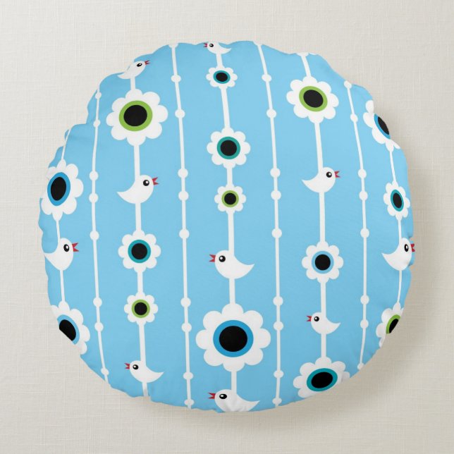 Coussins Ronds motif bleu d'oiseau et de fleurs (Devant)