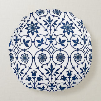 Coussins Ronds Motif bleu marine orné sur fond blanc