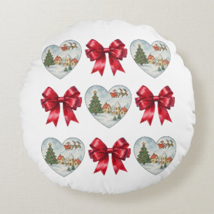 Coussins Ronds Motif Coquette de Noël Cœurs et Rubans