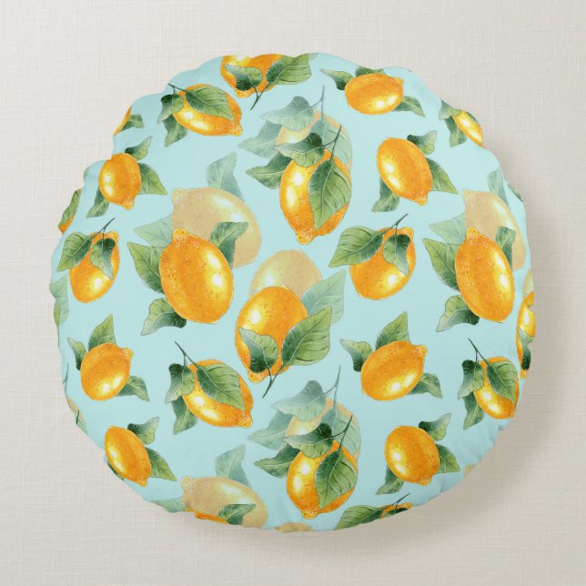 Coussins Ronds Motif d'aquarelle avec citrons et feuilles. Seamel (Devant)