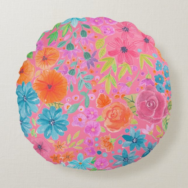 Coussins Ronds Motif d'aquarelle florale en rose (Devant)