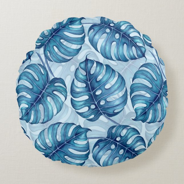 Coussins Ronds Motif d'aquarelle Monstera bleu (Devant)