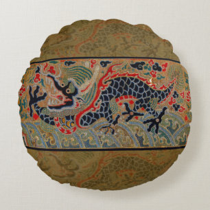 Coussins Ronds Motif de broderie en soie de dragon chinois antiqu