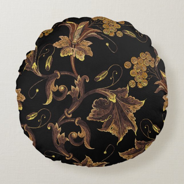 Coussins Ronds Motif de broderie florale dorée de la Renaissance (Devant)