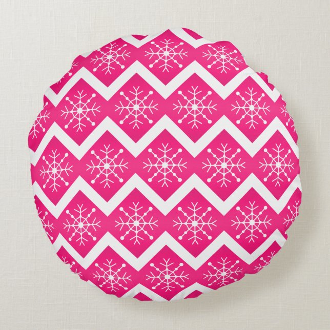 Coussins Ronds Motif de Chevron de flocons de neige de Noël rose (Dos)