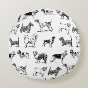 Coussins Ronds Motif de chiens Vintages noirs et blancs