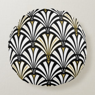 Coussins Ronds Motif de fan d'art déco - blanc et noir