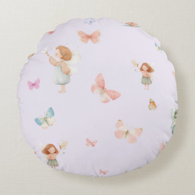 Coussins Ronds Motif de fée pastel Design de nurserie papillon mi (Devant)