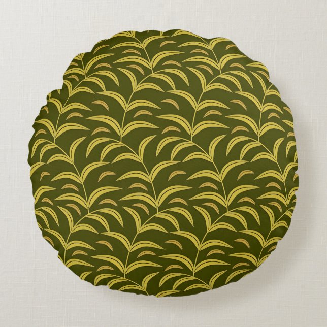 Coussins Ronds Motif de feuille jaune sur fond vert foncé (Devant)