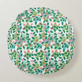 Coussins Ronds Motif de feuille verte et de fleur rouge tropicale