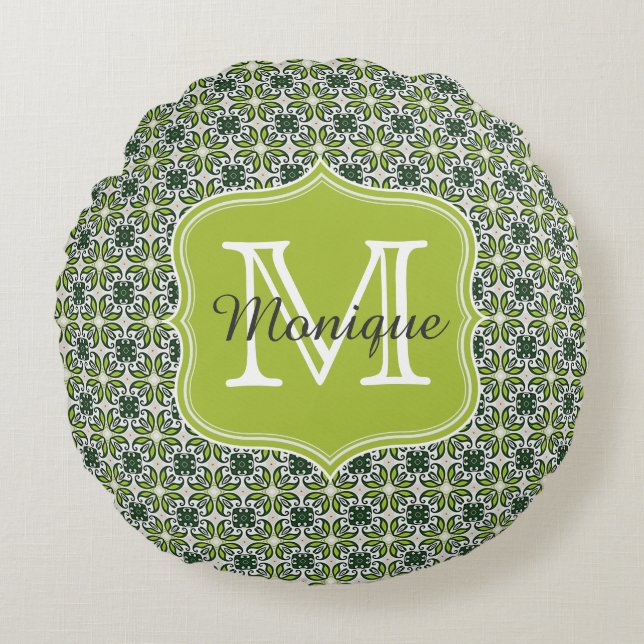 Coussins Ronds Motif de fleurs vertes Monogrammes (Devant)