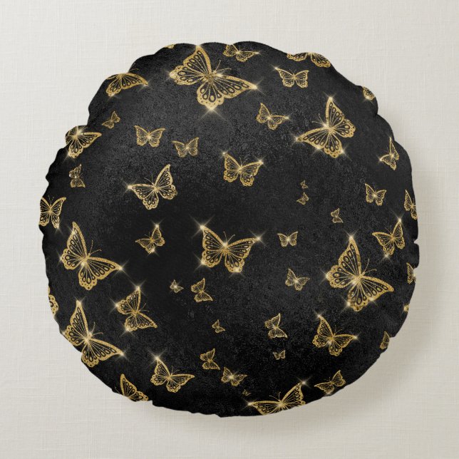 Coussins Ronds Motif de glam or et papillons noirs (Devant)