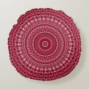 Coussins Ronds Motif de mandala complexe bordeaux et blanc