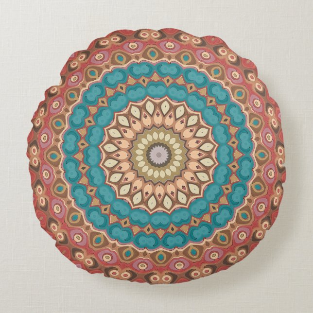 Coussins Ronds Motif de mandala géométrique Turquoise et Terracot (Devant)