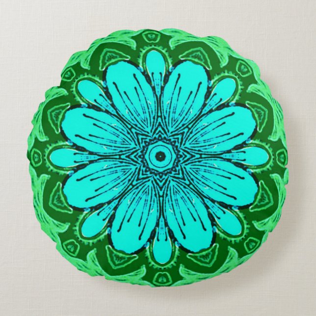 Coussins Ronds Motif de marguerite géométrique en Turquoise et Ve (Devant)