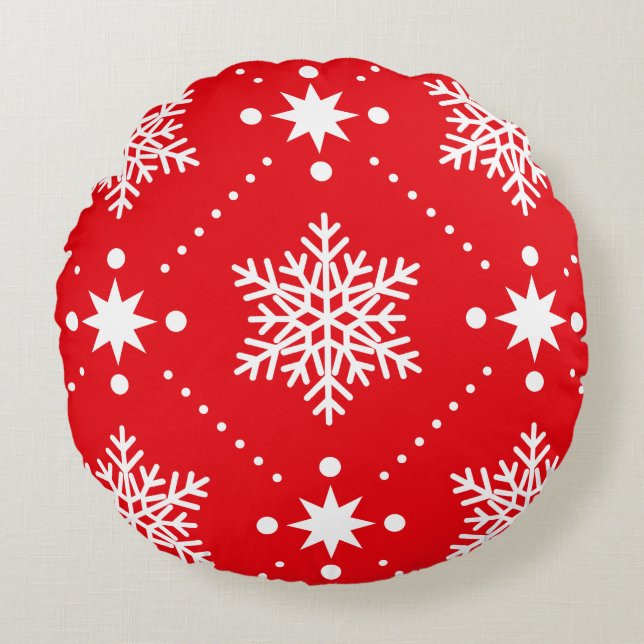 Coussins Ronds Motif de Noël classique Red White Snowflakes (Devant)