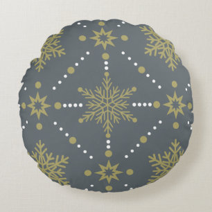 Coussins Ronds Motif de Noël Gris et Gold Snowflakes