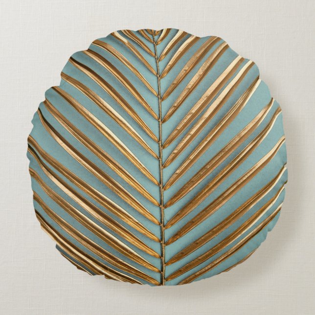 Coussins Ronds Motif de palme tropicale peint en or (Devant)