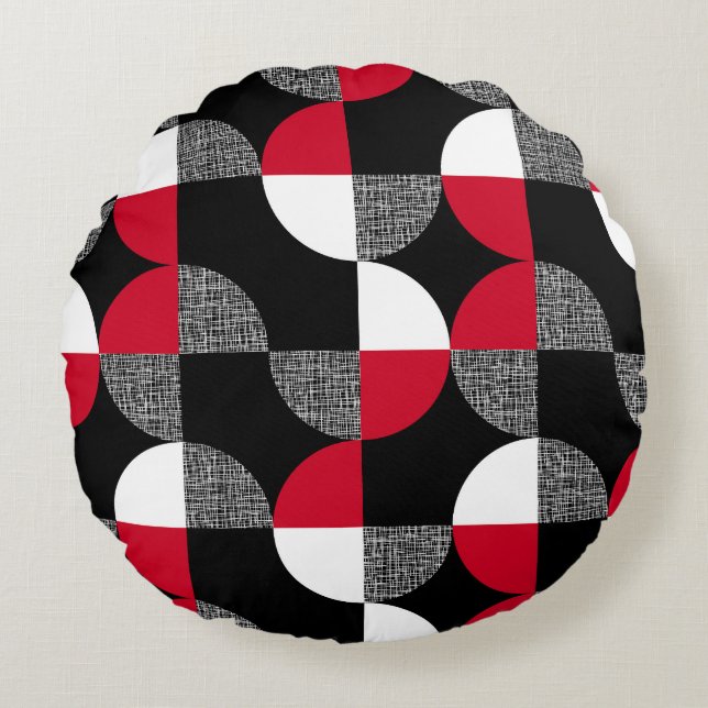 Coussins Ronds Motif de plaid géométrique noir, rouge, blanc. (Devant)