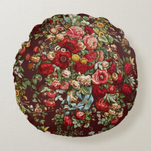 Coussins Ronds Motif de ruban floral rose victorien bordeaux fonc