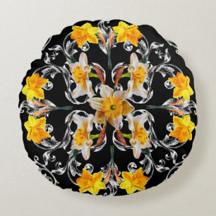 Coussins Ronds Motif de style baroque avec fleurs narcisse sur