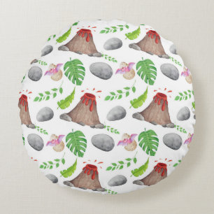 Coussins Ronds Motif de Volcans en Éruption & Feuillage Tropical