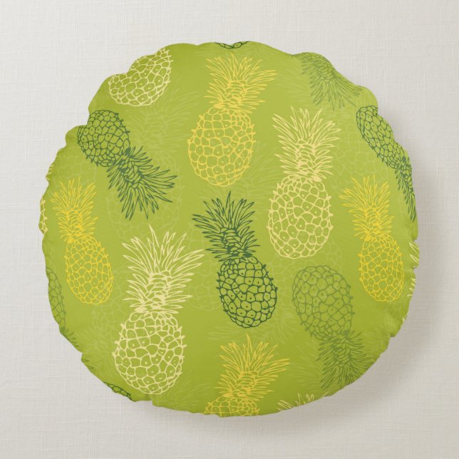 Coussins Ronds Motif d'ensemble d'ananas sur le vert (Devant)