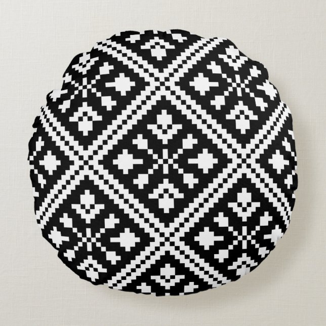 Coussins Ronds Motif des flocons de neige de Noël noir et blanc (Devant)