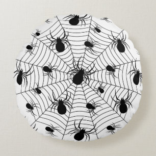 Coussins Ronds Motif d'Halloween Black White araignées