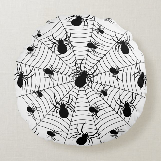 Coussins Ronds Motif d'Halloween Black White araignées (Devant)