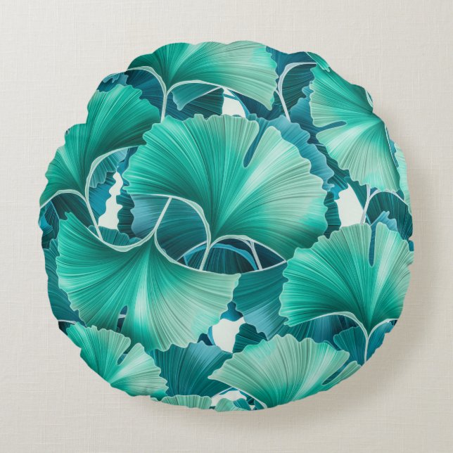 Coussins Ronds Motif d'illustration de ginkgo biloba vert (Devant)