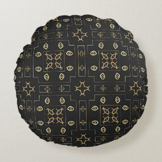 Coussins Ronds Motif d'œil en or antique sur fond noir