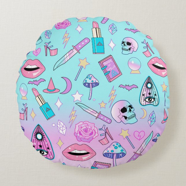 Coussins Ronds Motif en pastel Girly de Goth de sorcière (Devant)