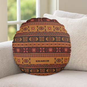 Coussins Ronds Motif ethnique tribal terracotta traditionnel Bohè