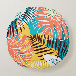 Coussins Ronds Motif feuille de la jungle tropicale colorée.