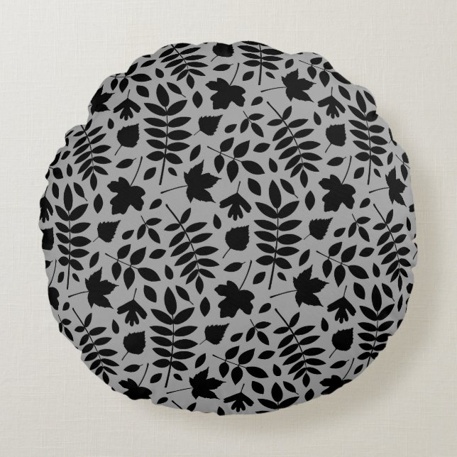 Coussins Ronds Motif Feuille tombé noir sur gris (Devant)